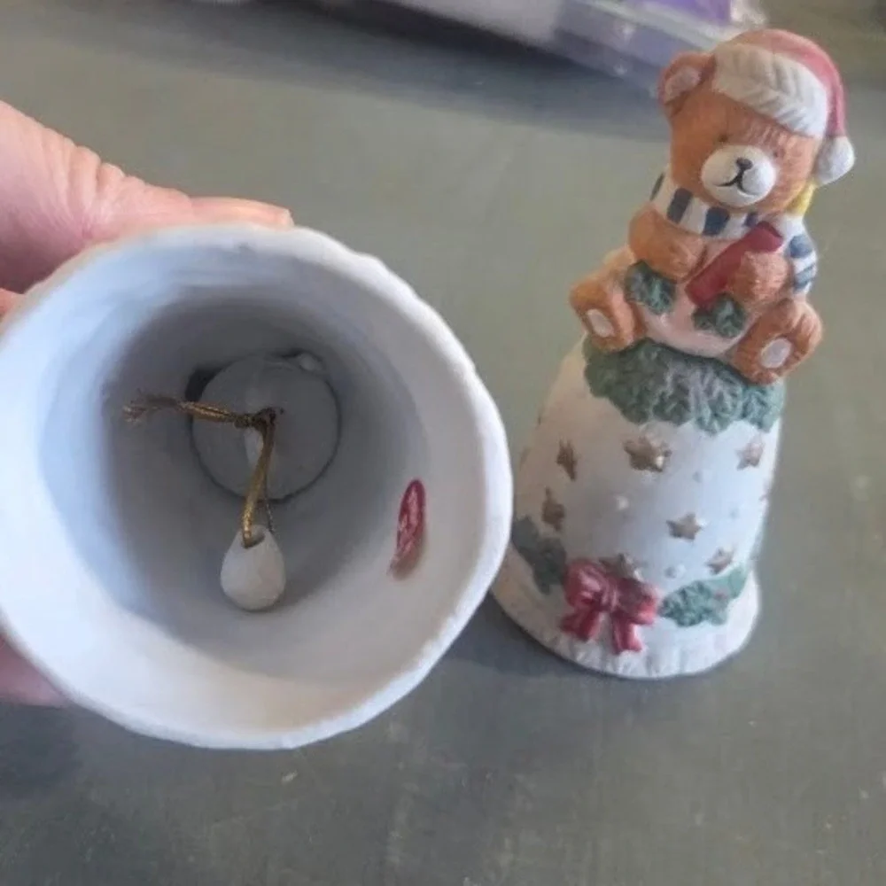 Vintage Christmas Ceramic Bells Set Mouse and Teddy Bear Holiday Decor 4 Inch